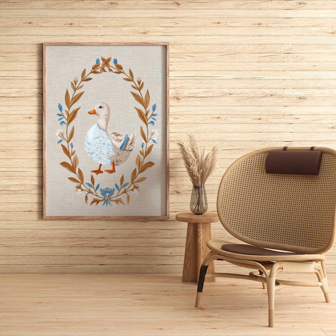 Elegant Duck Inside a Golden Botanical Wreath on Linen Poster - Image 5