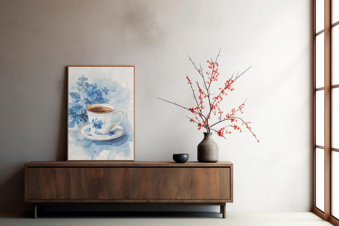 Delicate Blue Watercolor Teacup with Floral Tea Still Life Poster - Image 5