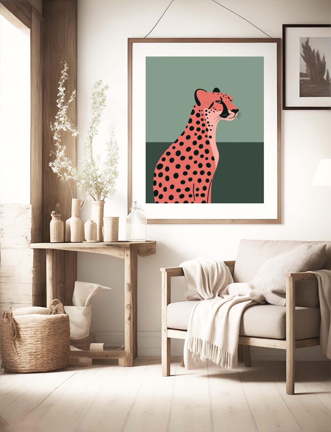 Coral Cheetah in Elegant Profile on Sage Green Minimalist Poster - Image 4