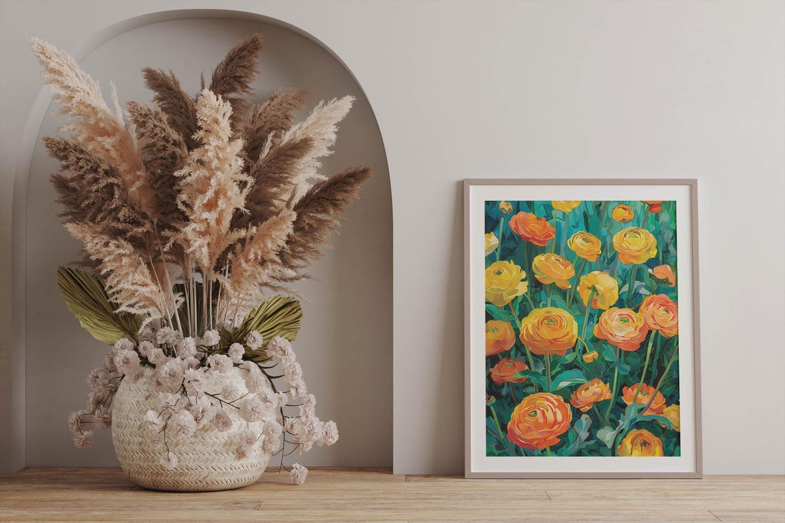 Vibrant Orange Buttercups Blooming Against Deep Teal Garden Poster - Image 4