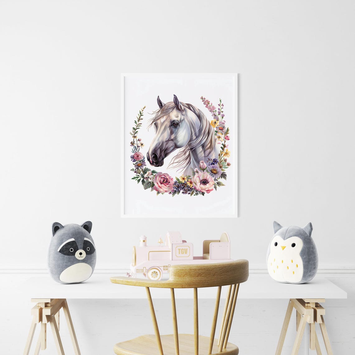 Gray Horse Portrait Adorned with Pink Roses Floral Wreath Poster - Image 5