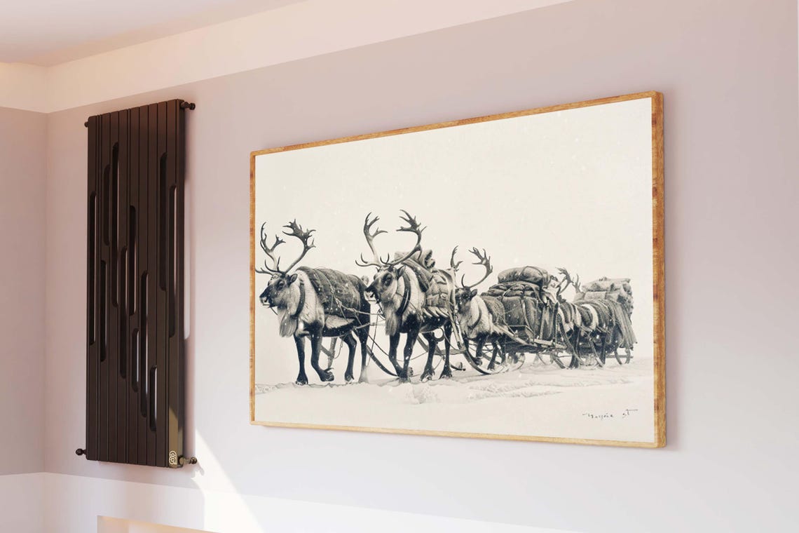 Reindeer Sledge Team Crossing Snowy Wilderness Sketch Art Poster - Image 4