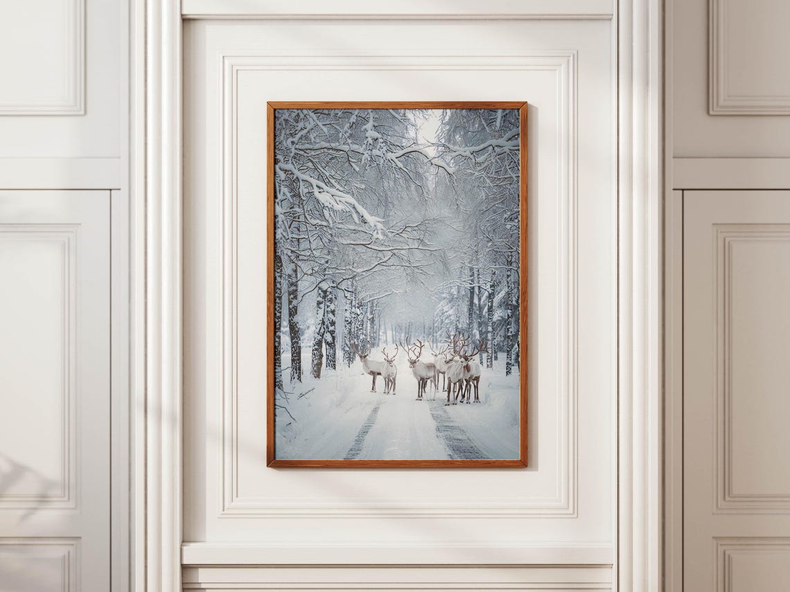 White Reindeer Herd on a Snowy Birch Forest Road Winter Poster