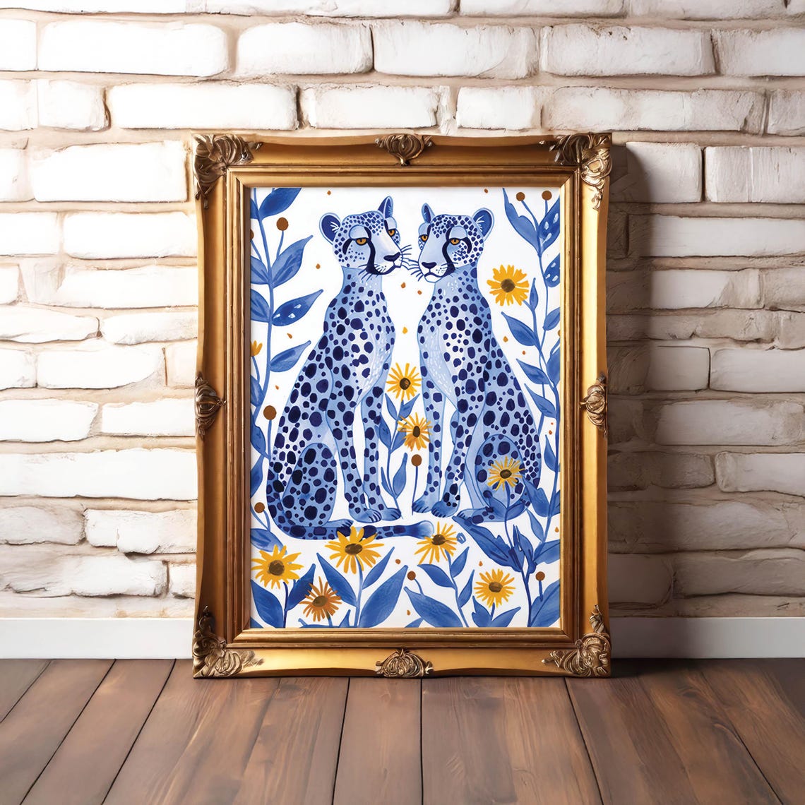 Two Light Blue Leopards Facing Each Other Among Daisies Poster