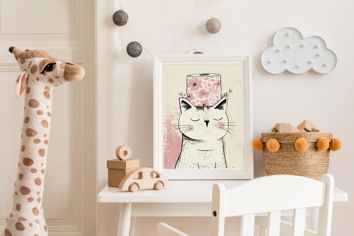 Whimsical Cat Wearing Pink Floral Hat Minimalist Line Art Poster - Image 4