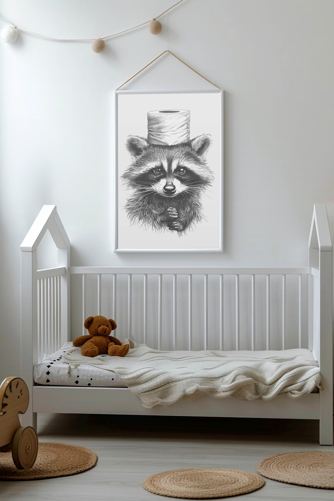 Funny Raccoon Portrait Wearing Toilet Paper Hat Monochrome Sketch Poster - Image 2