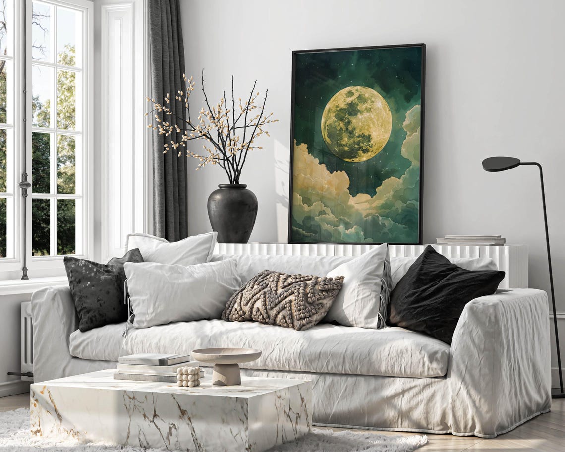 Full Golden Moon Rising Above Cream Clouds Starry Night Poster - Image 4