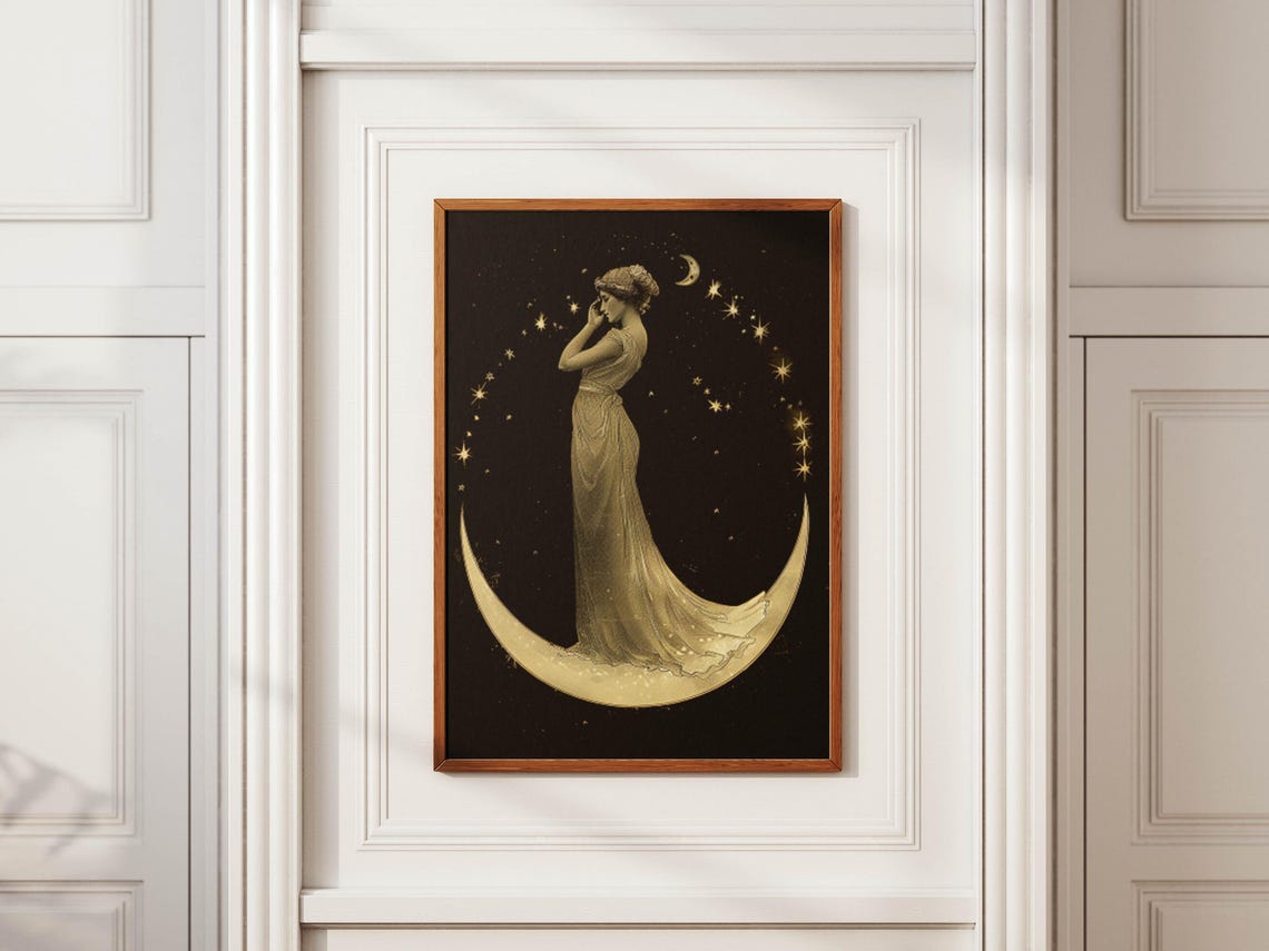 Art Nouveau Moon Lady in Gold Gown Standing on Crescent Moon Poster - Image 4
