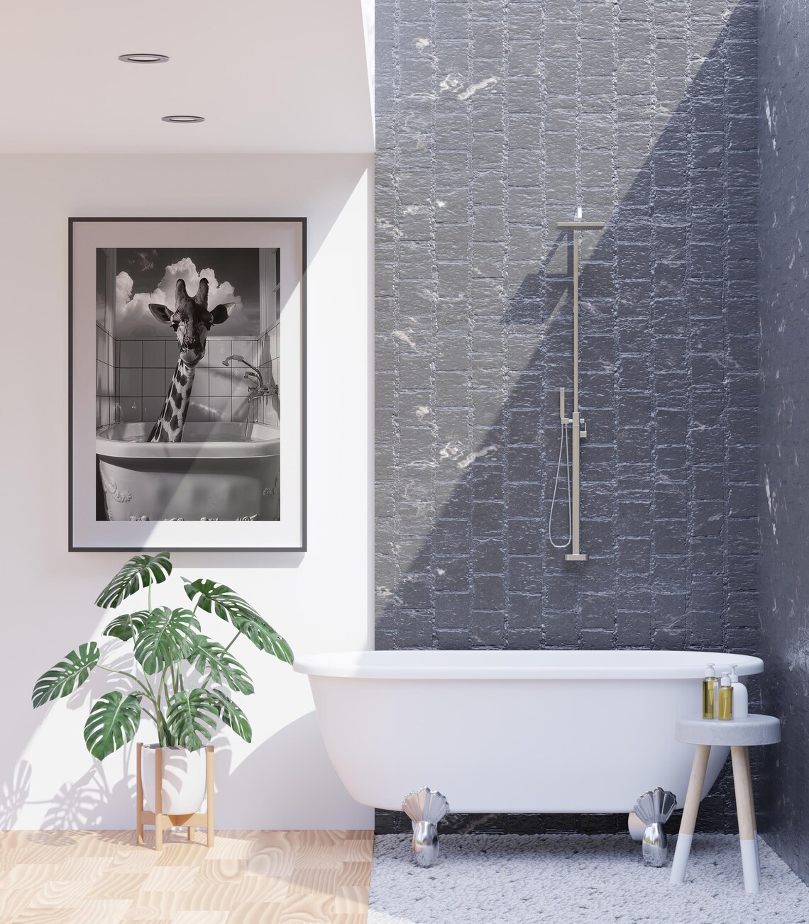 Funny Giraffe Soaking in Vintage Clawfoot Bathtub Black White Photo Poster - Image 4