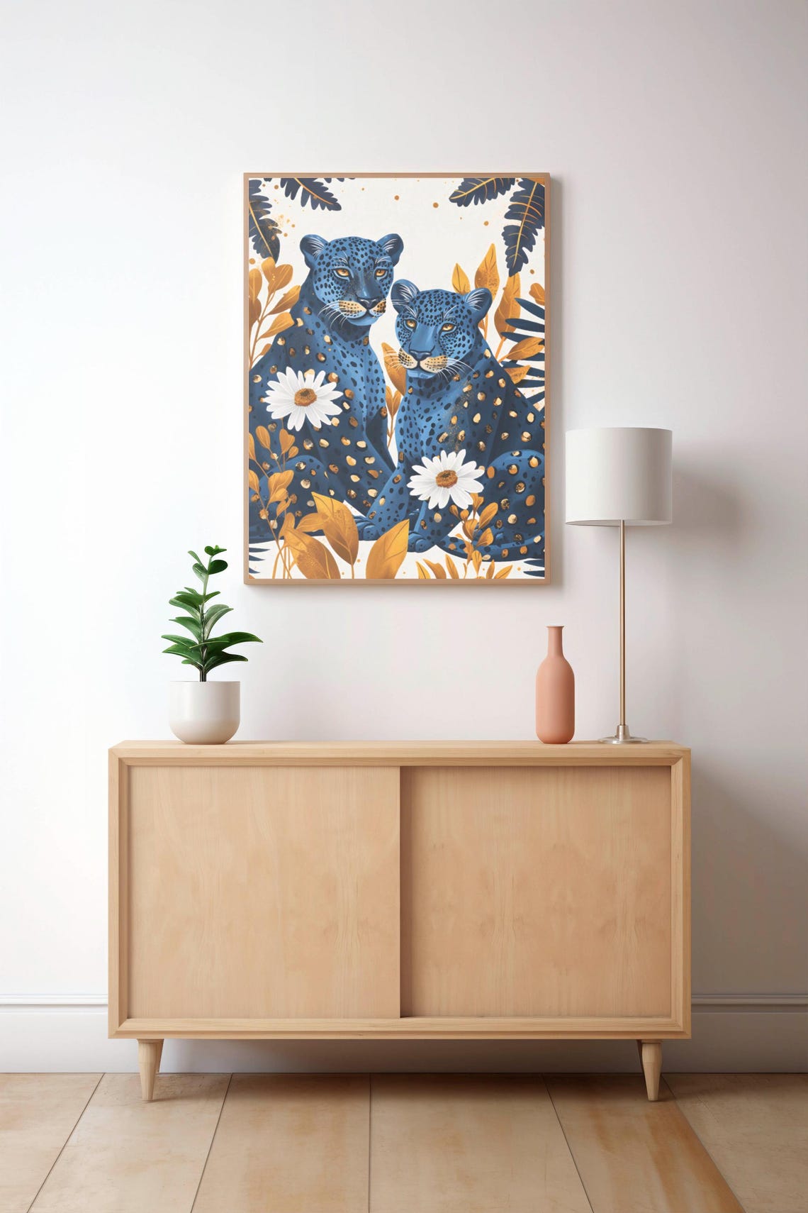 Two Dark Blue Leopards With White Daisies and Gold Leaves Poster - Image 2