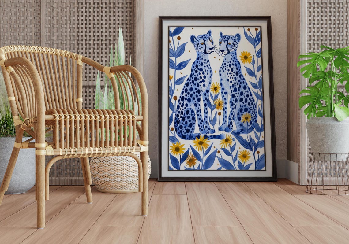 Two Light Blue Leopards Facing Each Other Among Daisies Poster - Image 6
