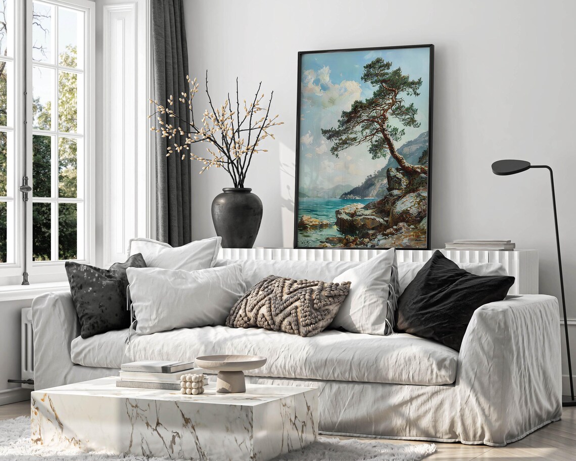 Cliffside Pine Tree Print Pine Tree Vintage Painting Cliffside Tree Portrait Pine Tree Rustic Art Pine Tree Gallery Decor Pine Poster - Image 5