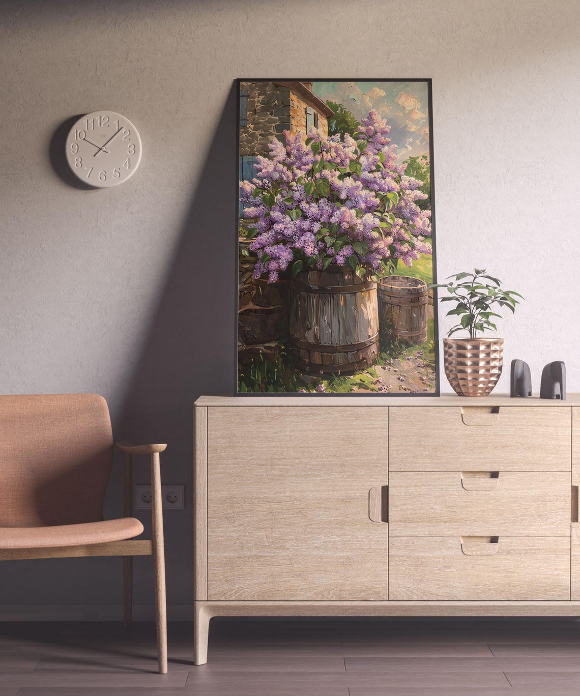 Lilac Bush by Stone House with Blue Shutters Countryside Poster - Image 6