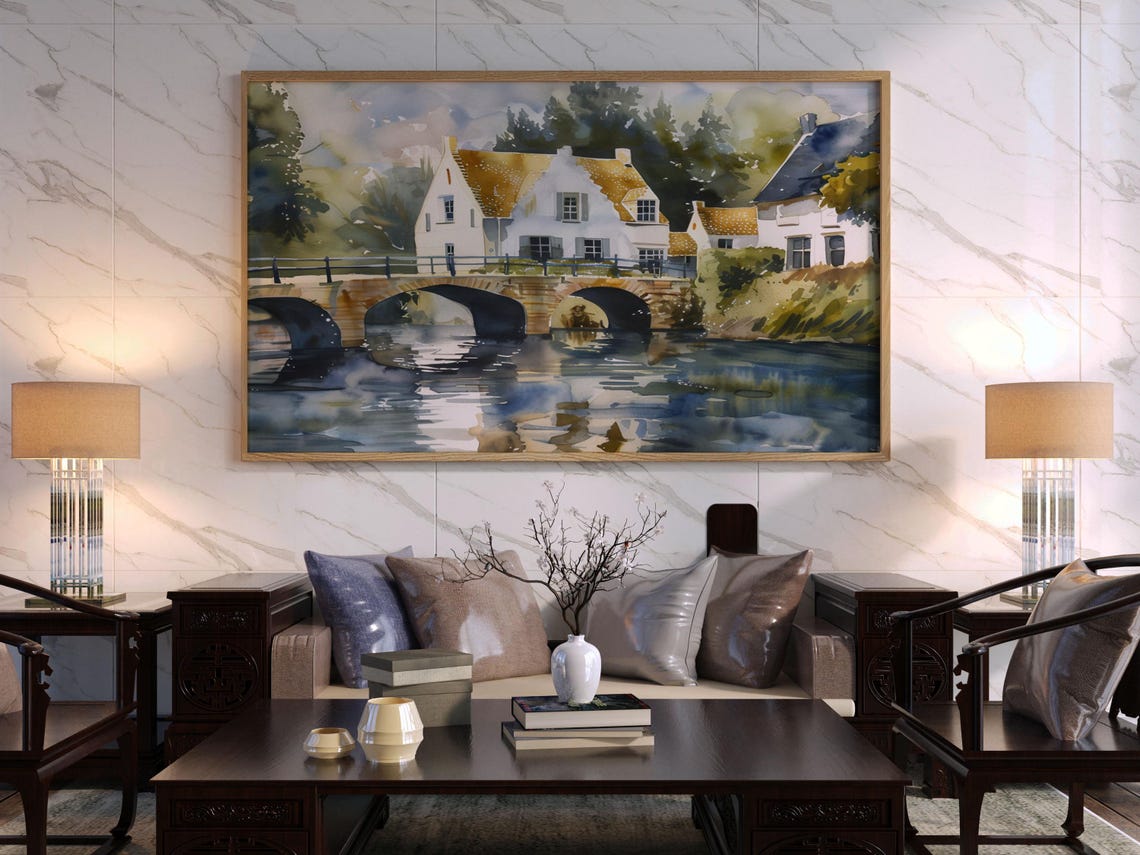 European Canal Village Triple Arch Stone Bridge Watercolor Poster - Image 3