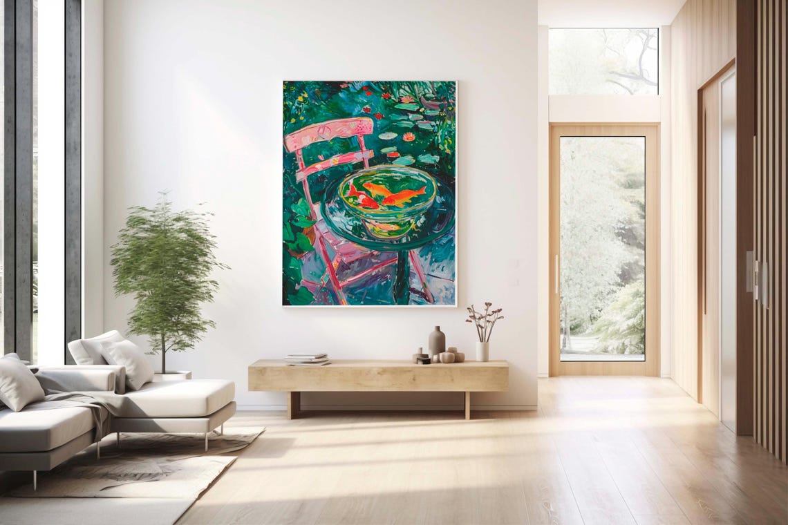 Goldfish Bowl Painting in Blooming Garden Impressionist Art Poster - Image 3