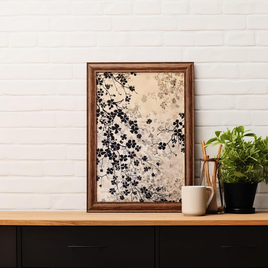 Black Floral Silhouettes on Champagne Botanical Gallery Wall Art - Image 6