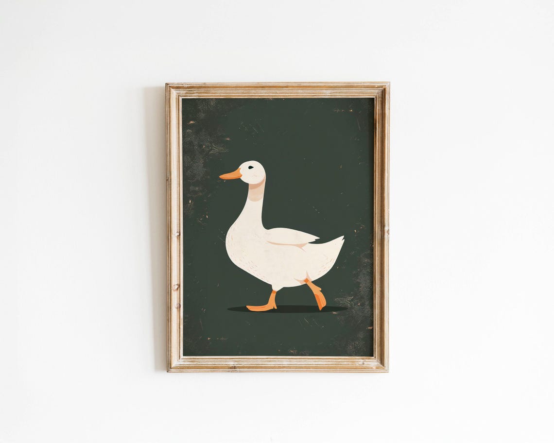 Minimalist White Goose Strolling Across Dark Green Chalkboard Poster