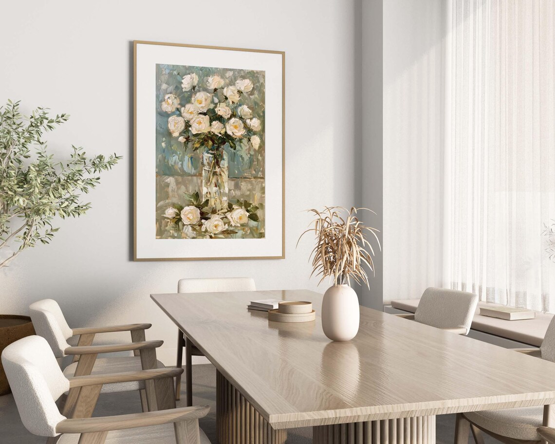 White Roses in Glass Vase Sunlit Floral Oil Painting Still Life Poster - Image 5
