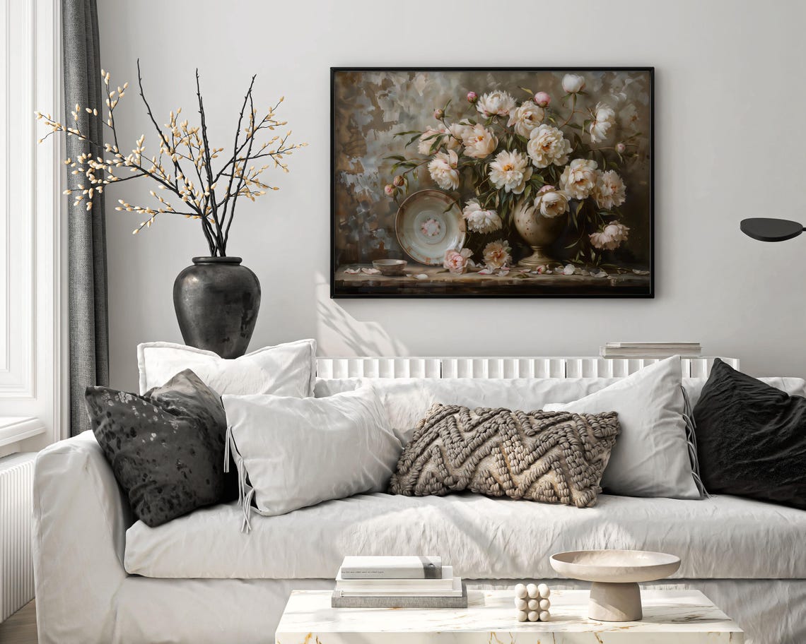 White Rose Bouquet Still Life with Vintage Plate Moody Art Poster - Image 5