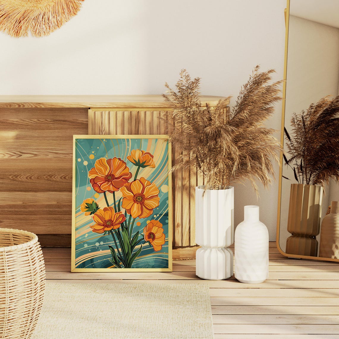 Orange Poppies over Teal Waves Modern Graphic Floral Art Poster - Image 5