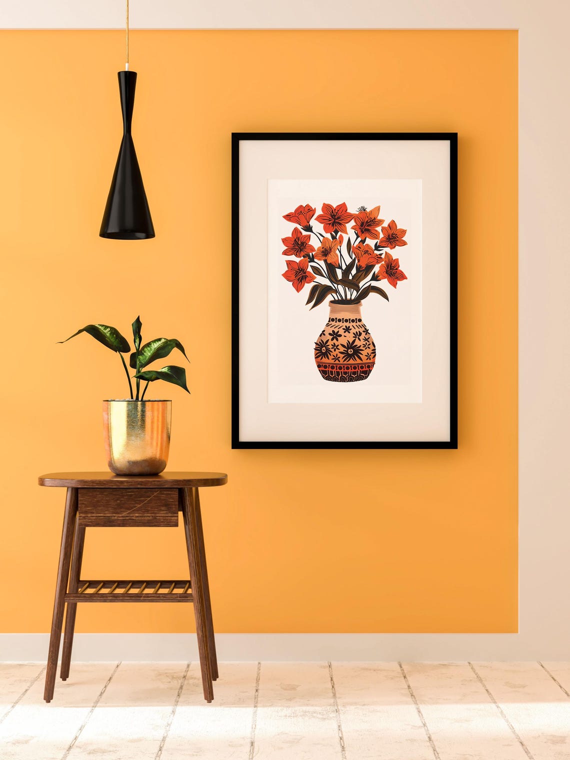 Red Lilies in Patterned Terracotta Vase Folk Art Botanical Poster - Image 2