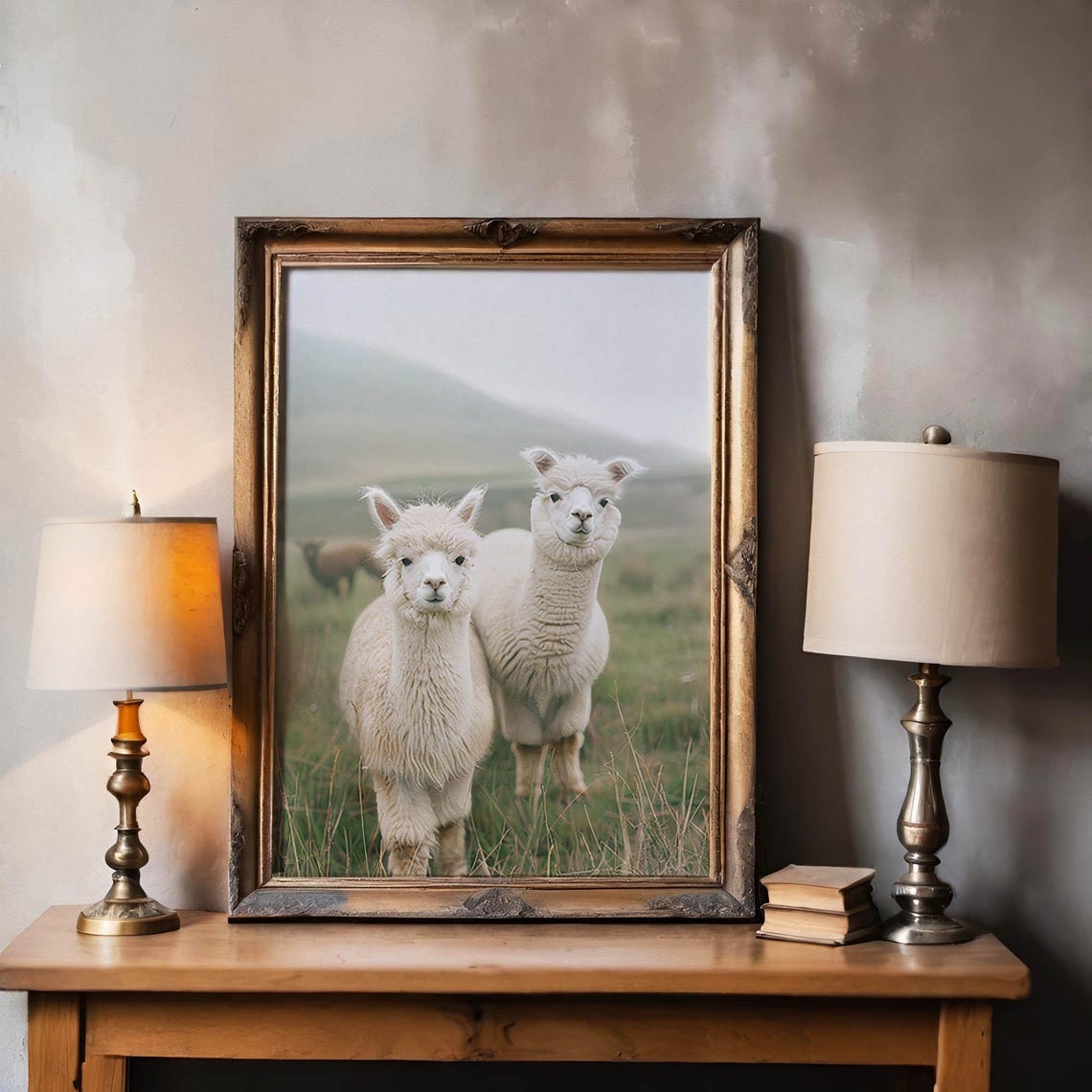 White Alpacas in a Misty Morning Meadow Vintage Style Art Poster