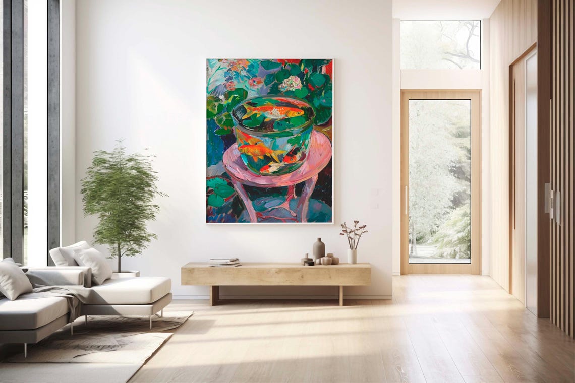 Goldfish in a Glass Fishbowl Surrounded by Flowers Art Poster - Image 4