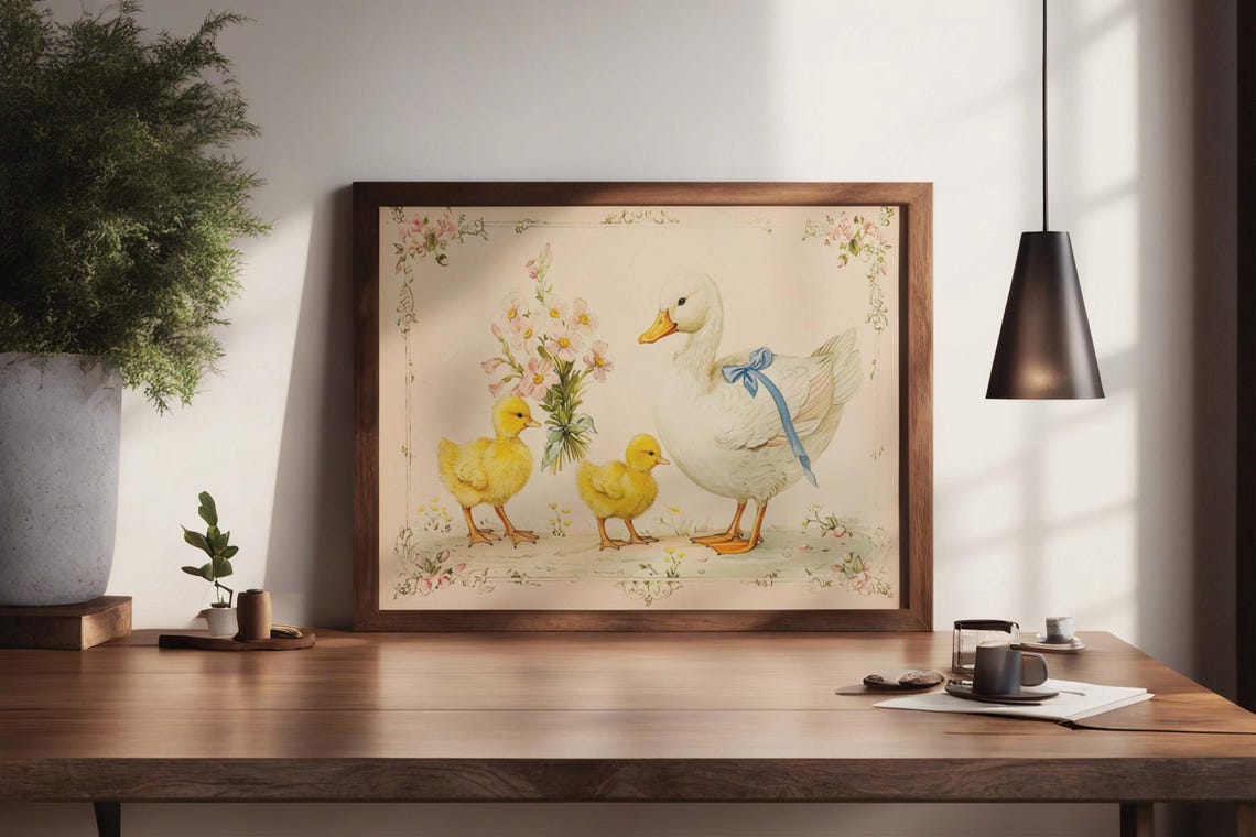 Mother Duck with Two Yellow Ducklings Vintage Nursery Poster - Image 2