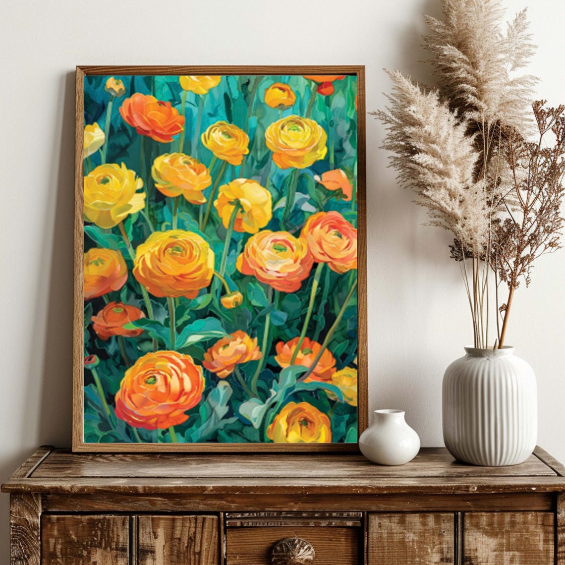 Vibrant Orange Buttercups Blooming Against Deep Teal Garden Poster - Image 2