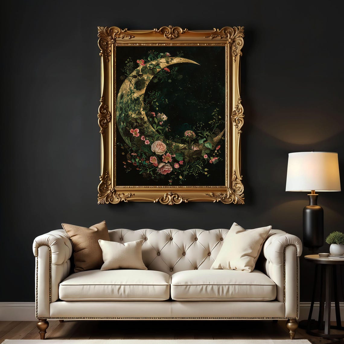 Golden Crescent Moon with Pink Flowers Dark Botanical Night Poster - Image 5