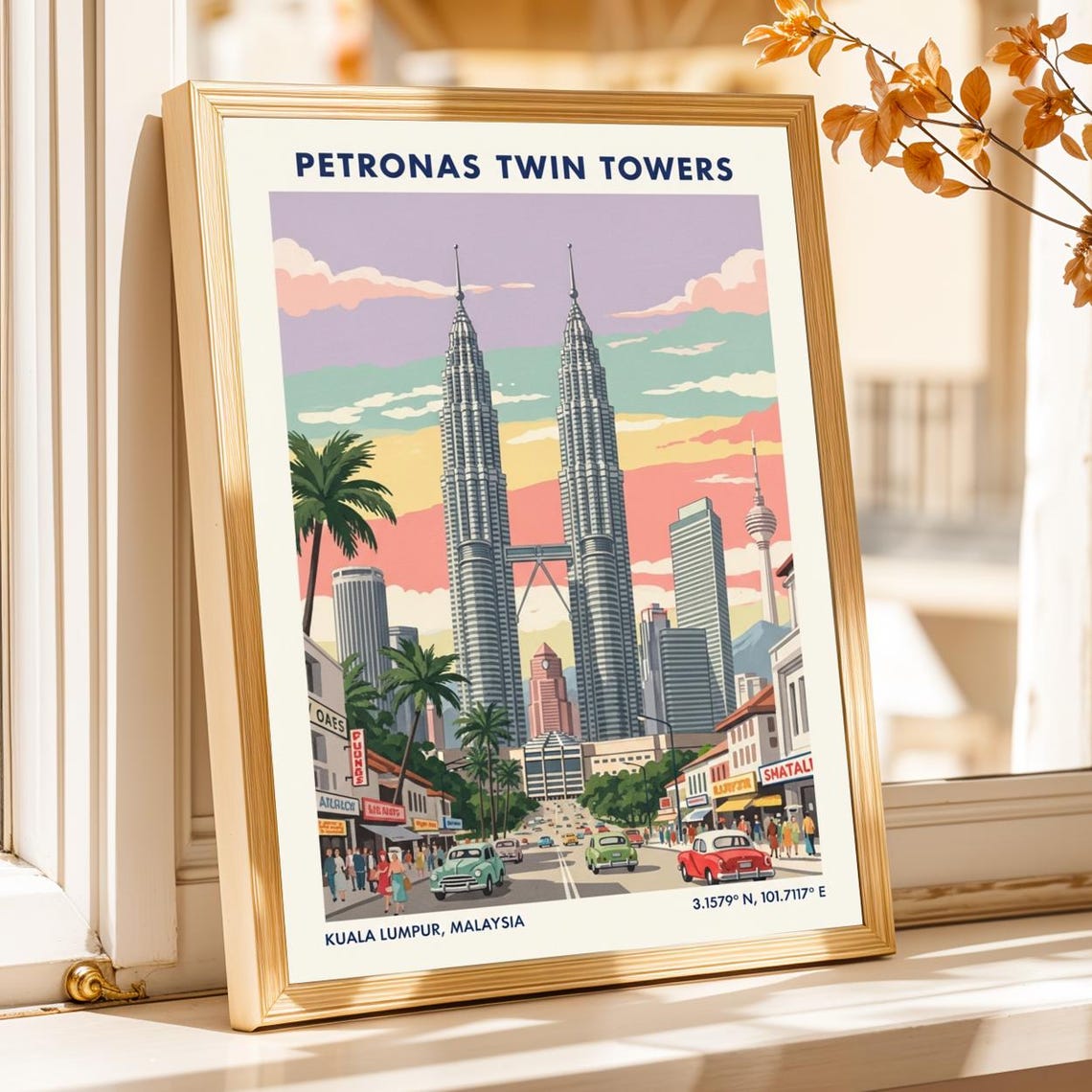 Petronas Twin Towers Kuala Lumpur Malaysia Retro Travel Poster