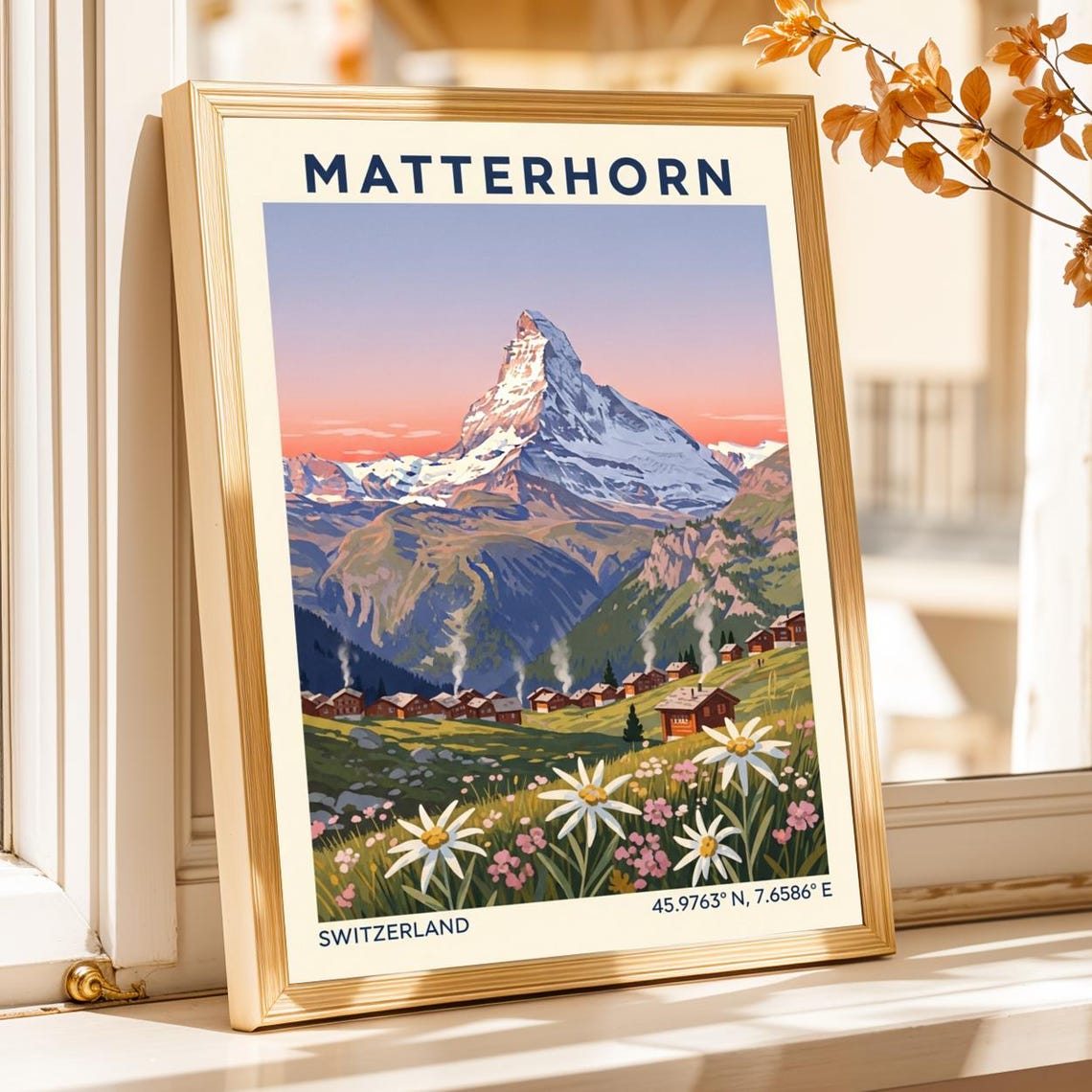 Matterhorn Switzerland Sunset Alpine Village Peak Travel Poster Art
