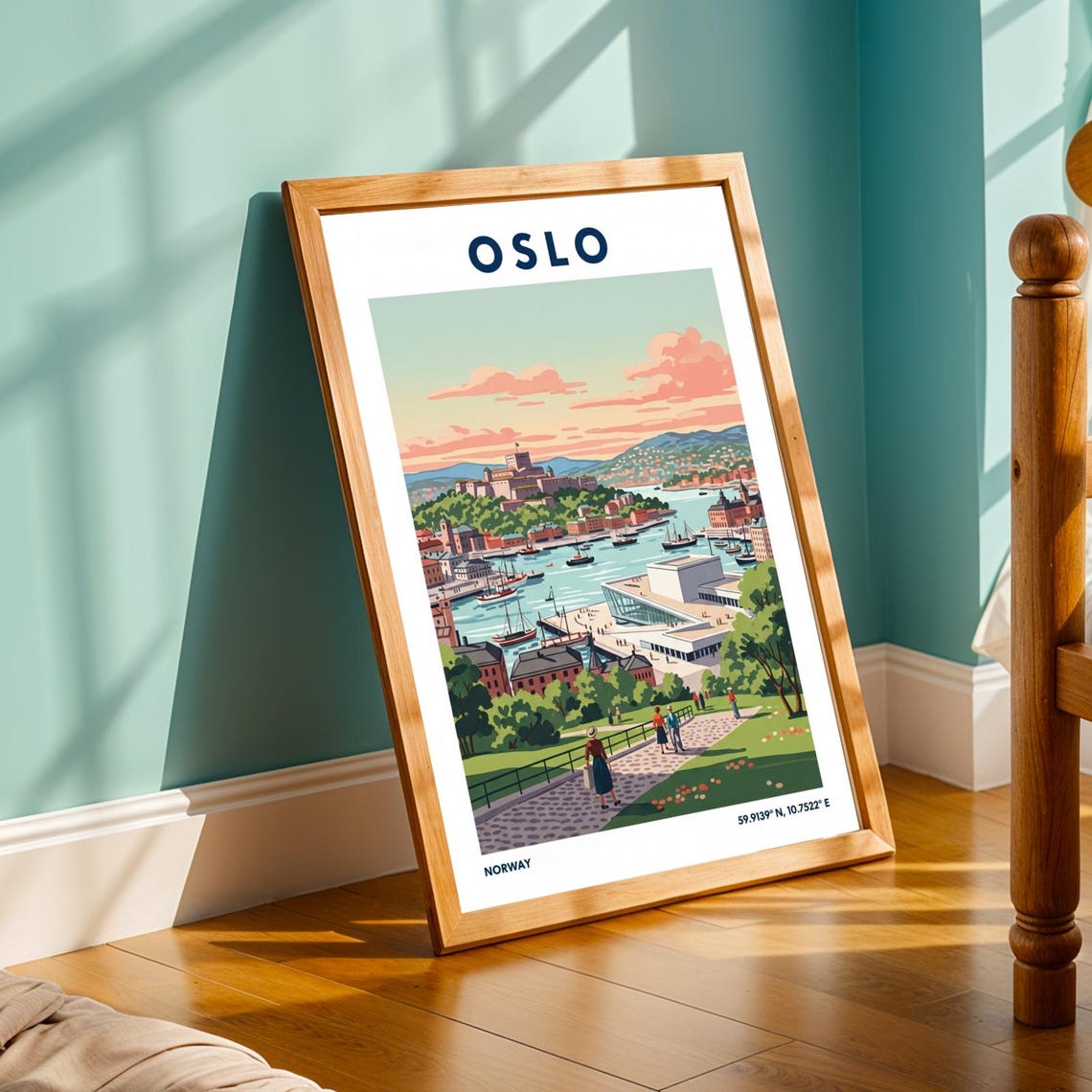 Oslo Norway Fjord Harbor Opera House Sunset Vintage Travel Poster