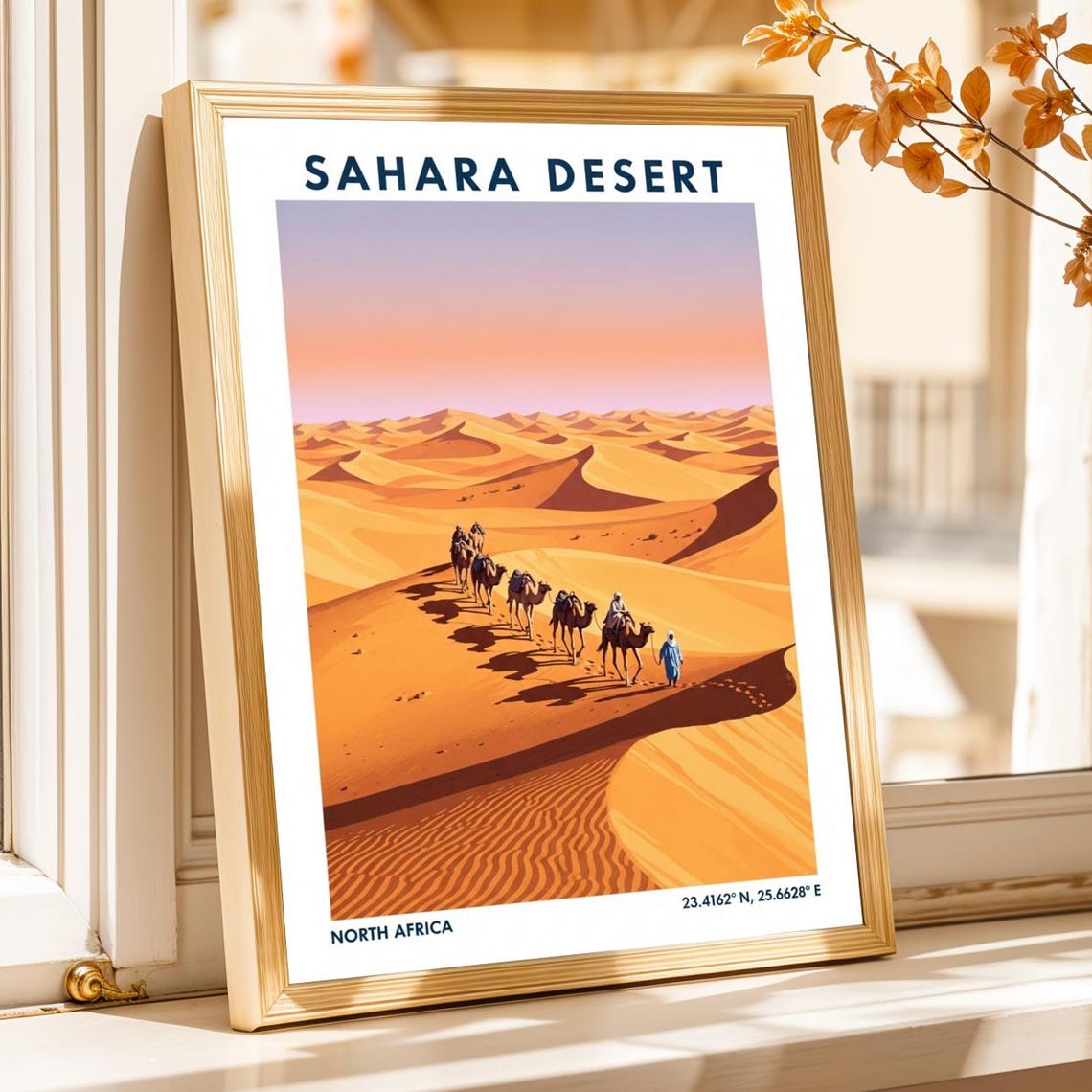 Sahara Desert Camel Caravan Sunset Dunes North Africa Travel Poster
