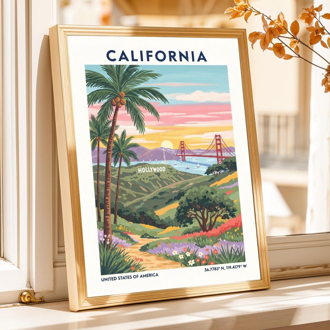 California Golden Gate Hollywood Sunset Palm Trees Travel Poster
