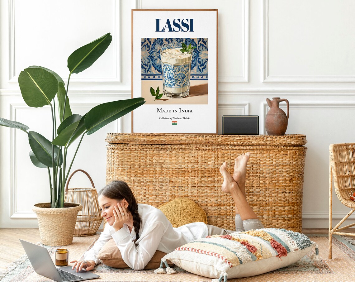 Lassi On Maiolica Tile Traditional Indian Beverage Drink Print Poster Kitchen And Bar Wall Art - Image 2
