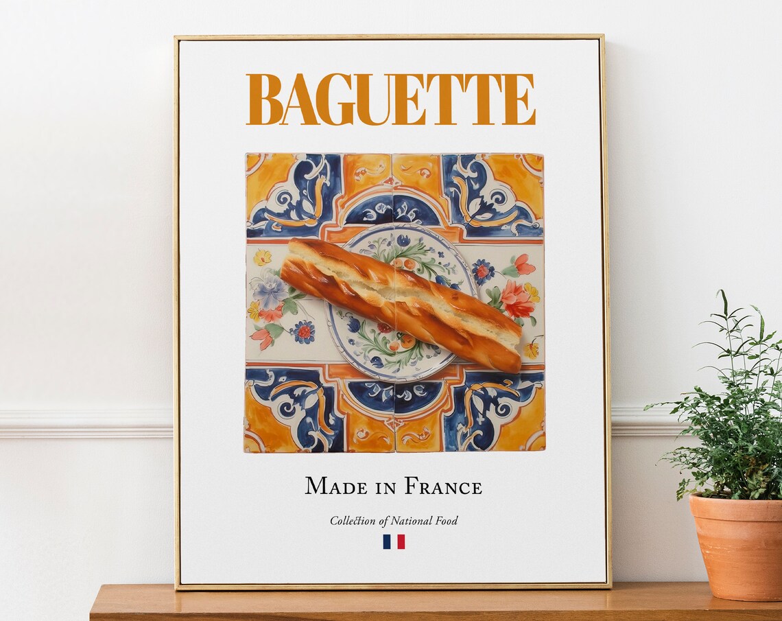 Baguette on Maiolica Tile Plate, French Food Art Print