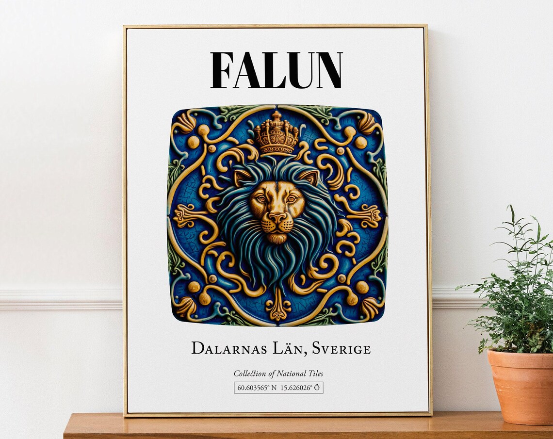 Falun Sweden Traditional Heraldic Tile Pattern Travel Poster