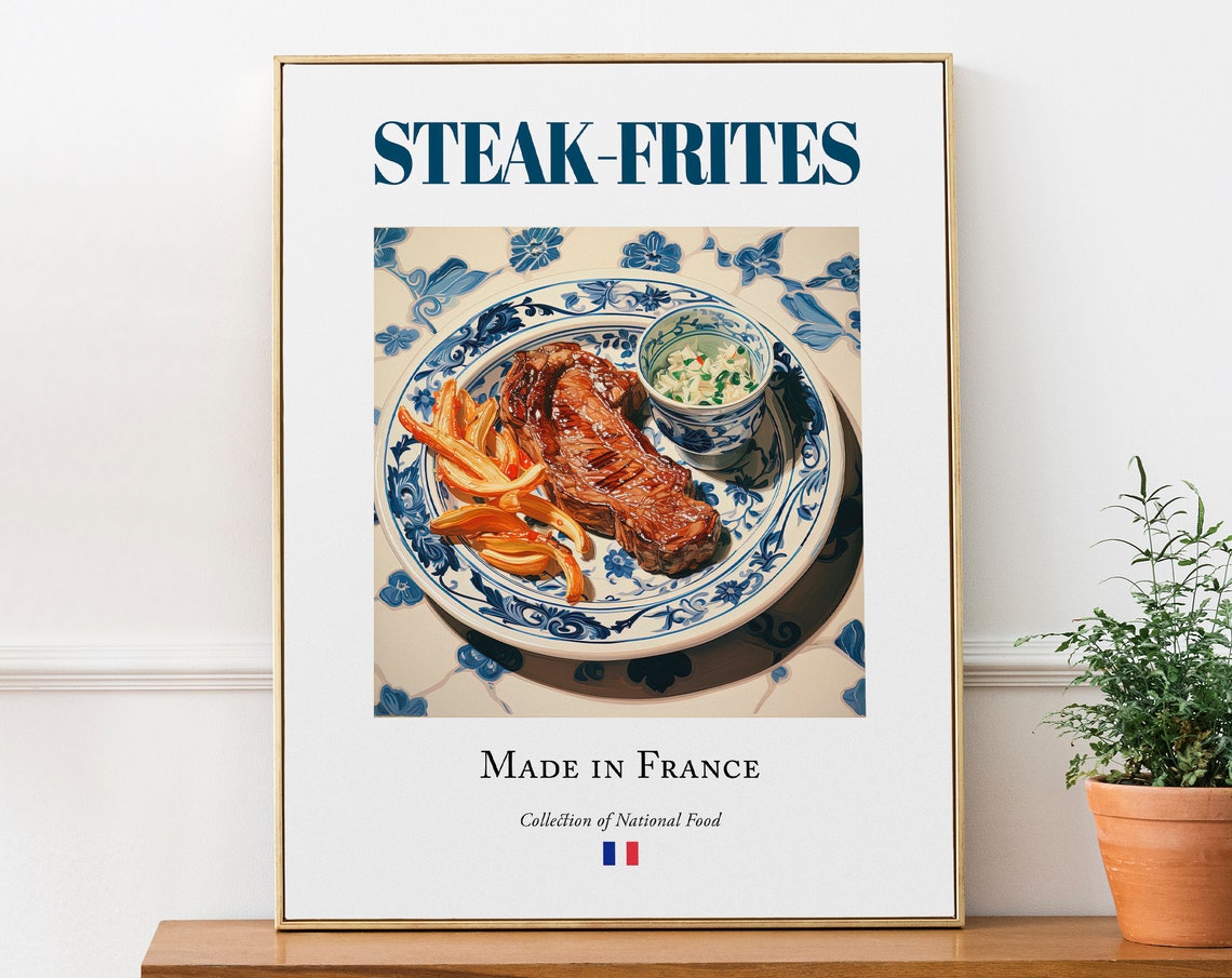 Steak Frites on Maiolica Tile Plate, French Food Print