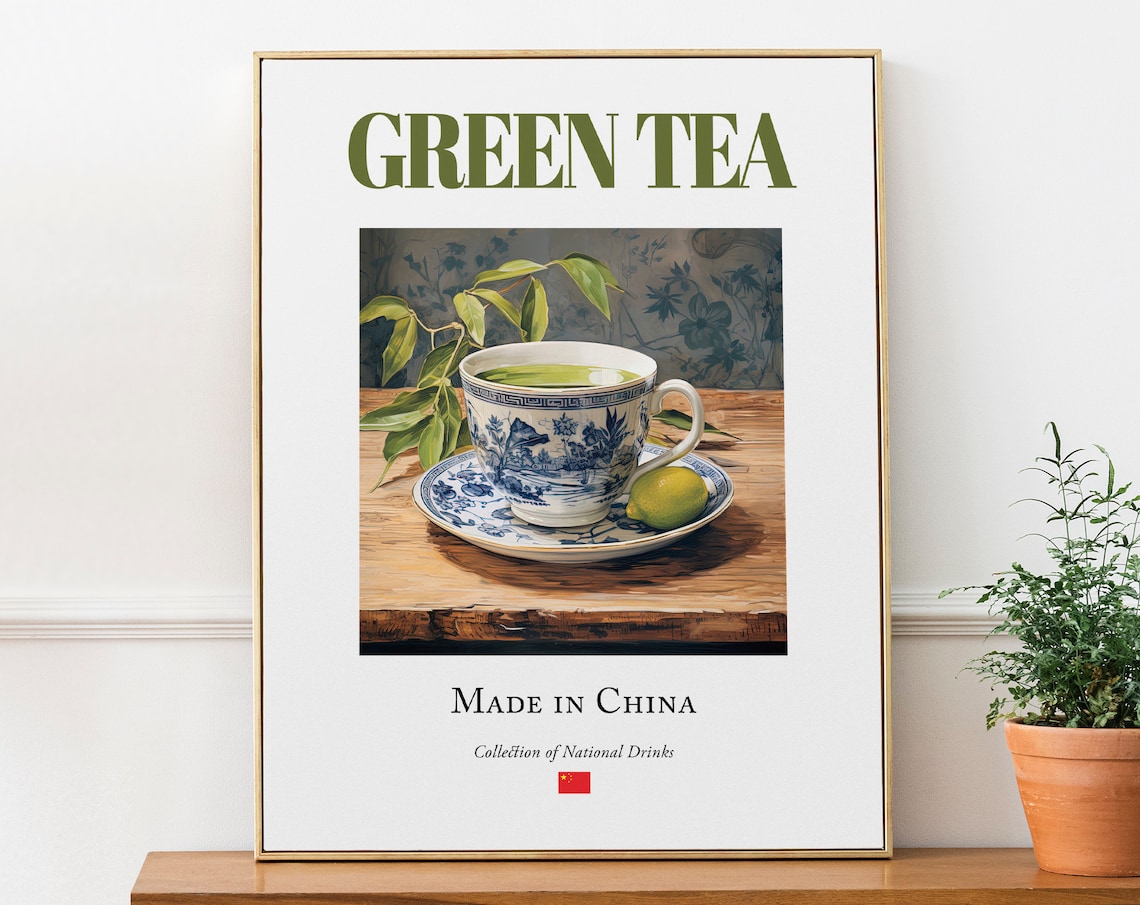 Green Tea On Maiolica Tile Poster, Kitchen Bar Art
