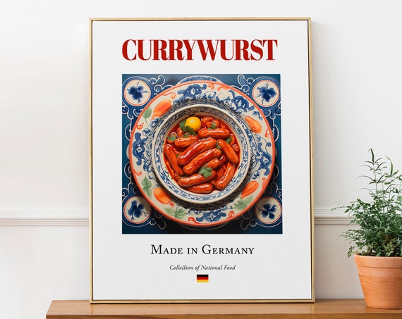 Currywurst on Maiolica Tile Plate, German Food Poster Print