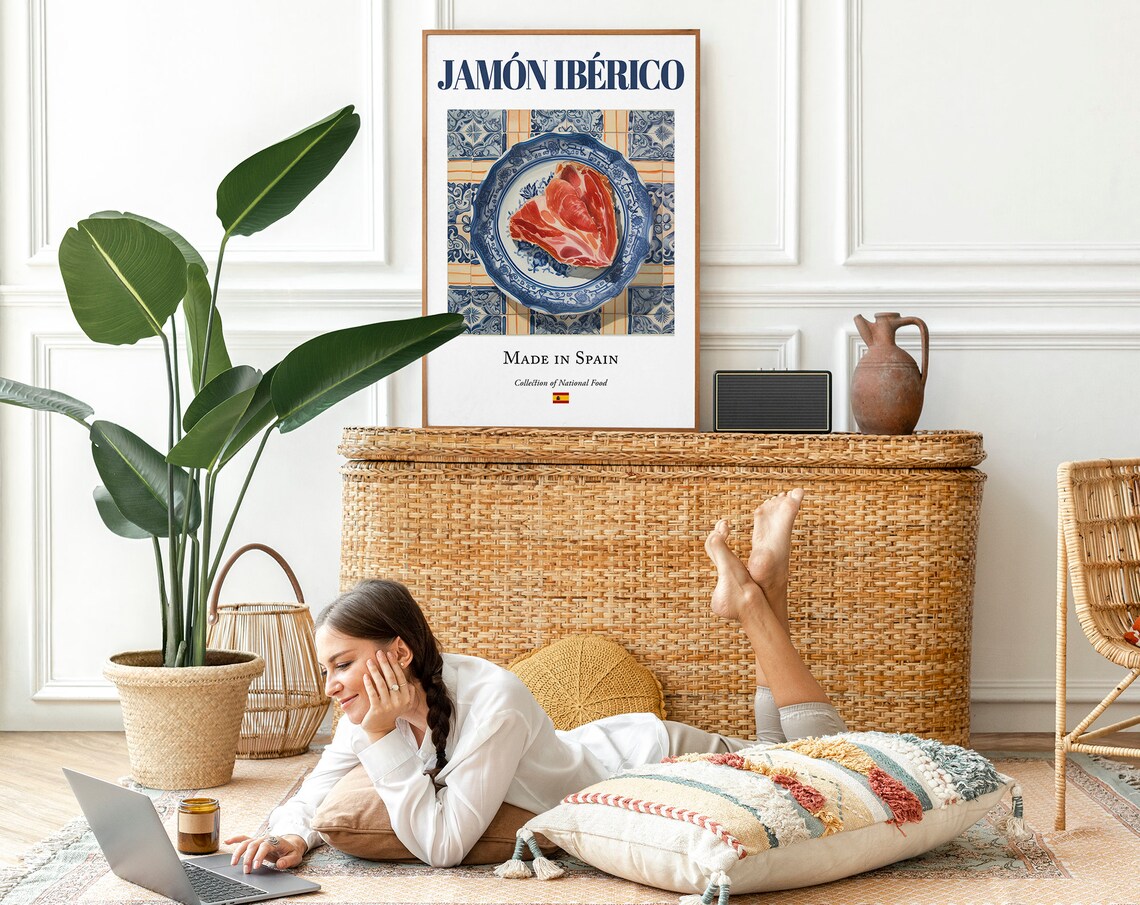 Jamón Ibérico on Maiolica Tile Plate, Spanish Food Art Print - Image 2