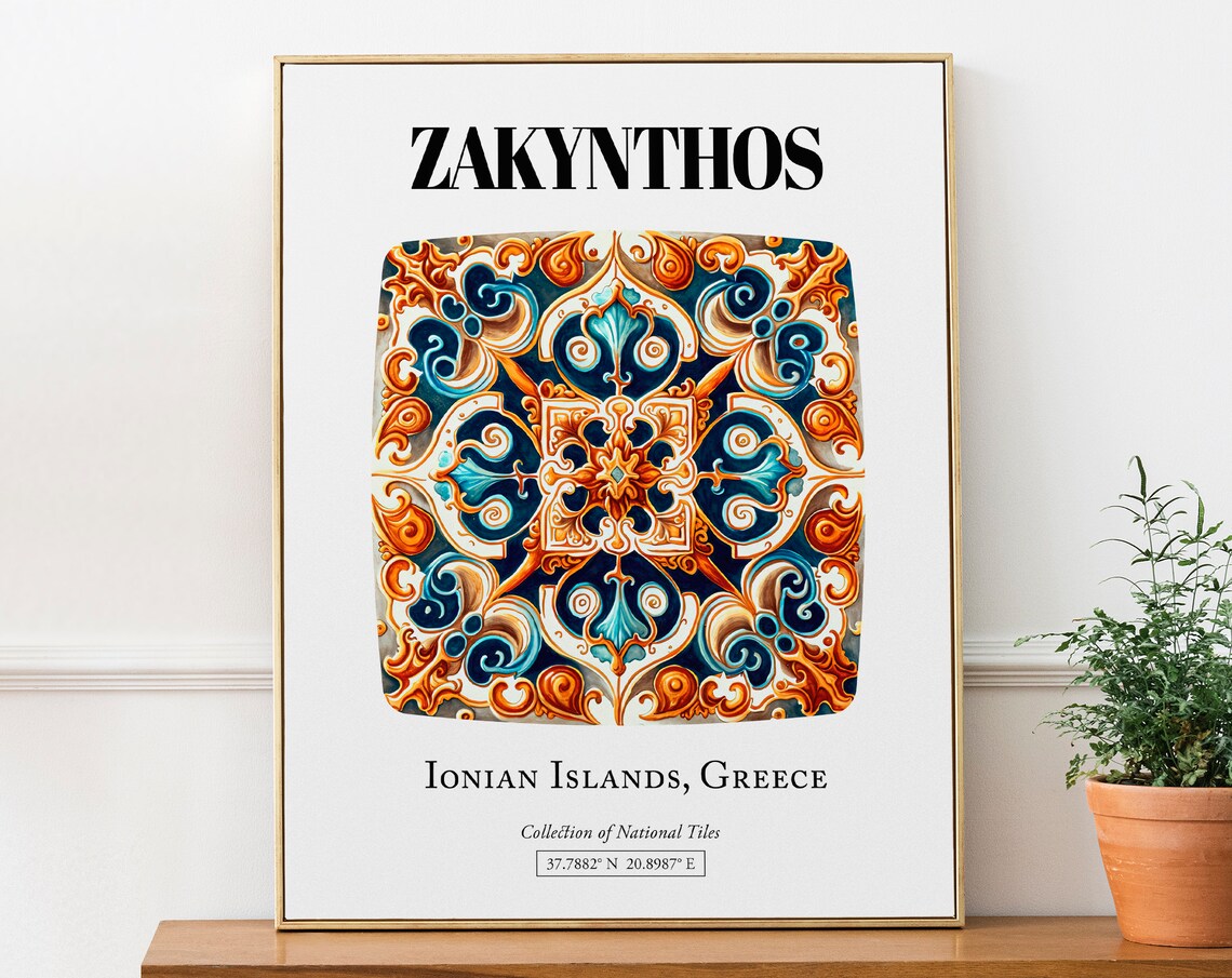 Zakynthos Vibrant Tile Art Poster, Greek Island Elegance