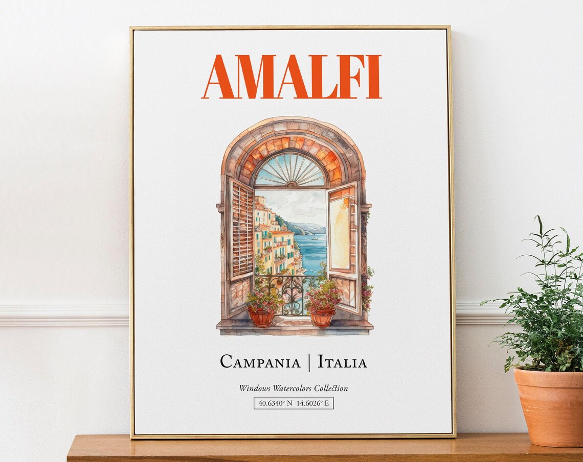Amalfi Campania Italia Travel Poster, Watercolor