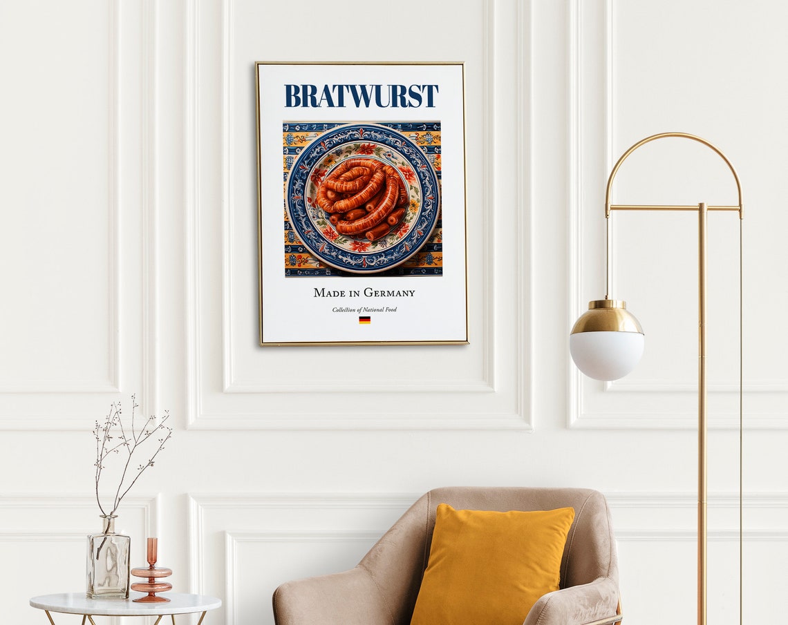 Bratwurst on Maiolica Tile Plate, German Kitchen Art Print - Image 2