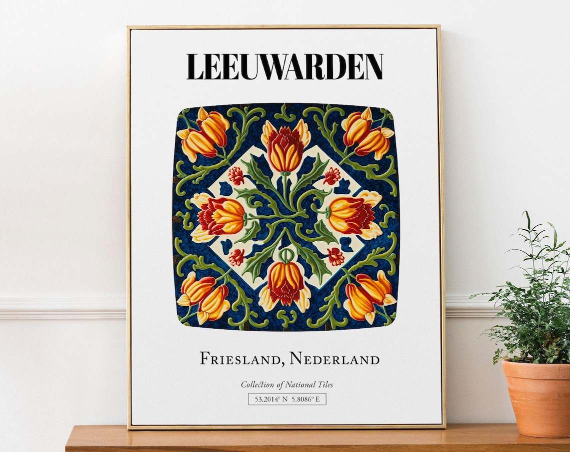 Leeuwarden Netherlands Tile Pattern With Tulips Poster