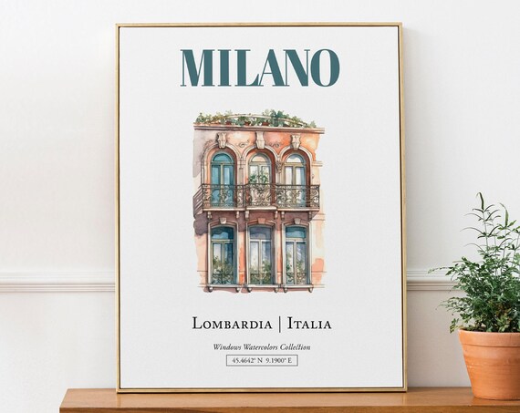 Milano Lombardia Italia Travel Poster, Watercolor Illustration