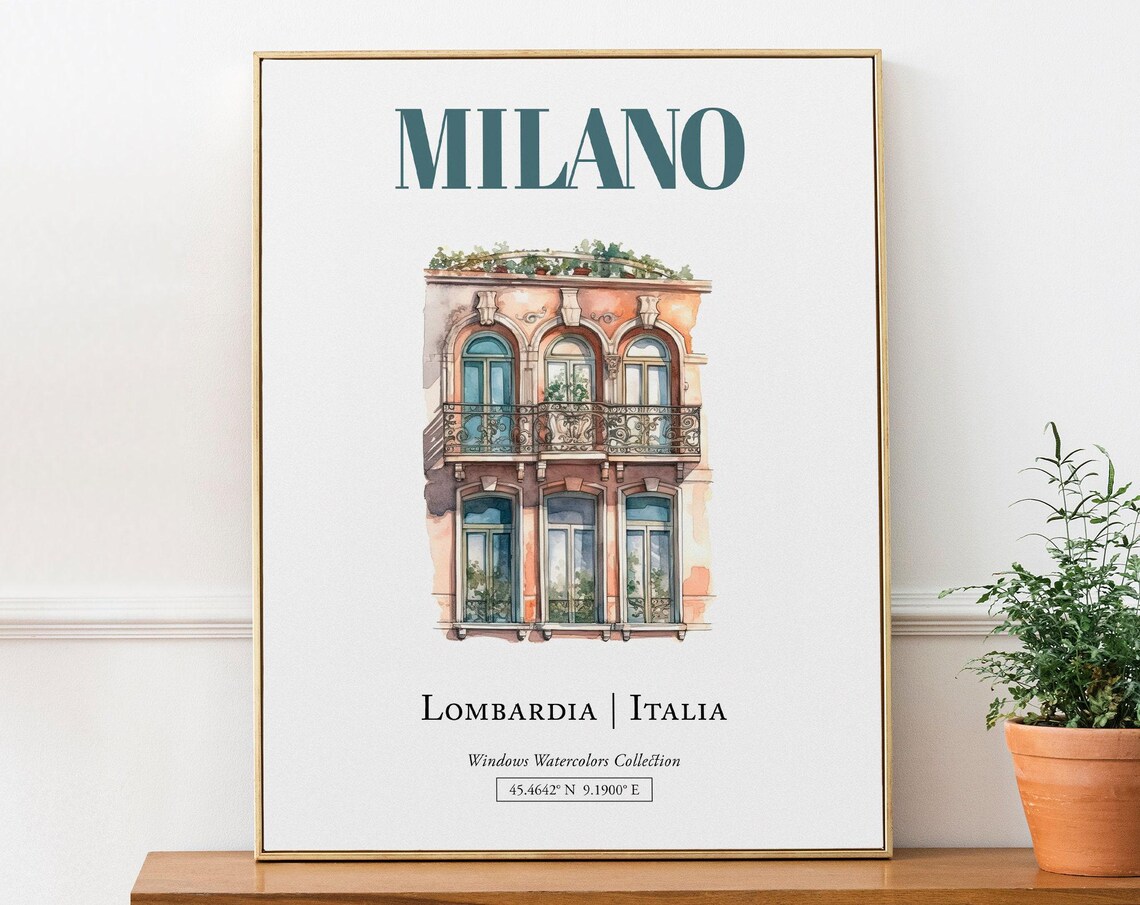 Milano Lombardia Italia Travel Poster, Watercolor Illustration
