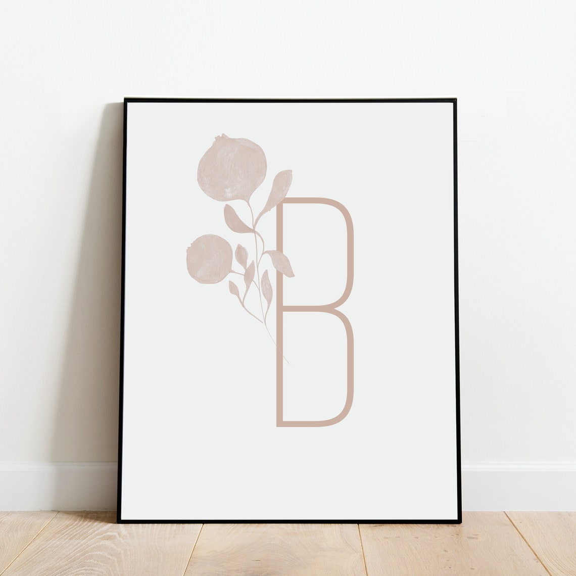 Letter B Botanical Initial Print with Soft Gray Leaf Sprig Artwork - Image 2
