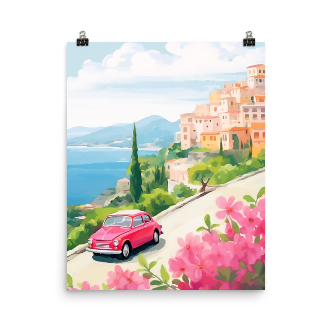 Retro Red Car on Coastal Road Amalfi Italy Watercolor Poster
